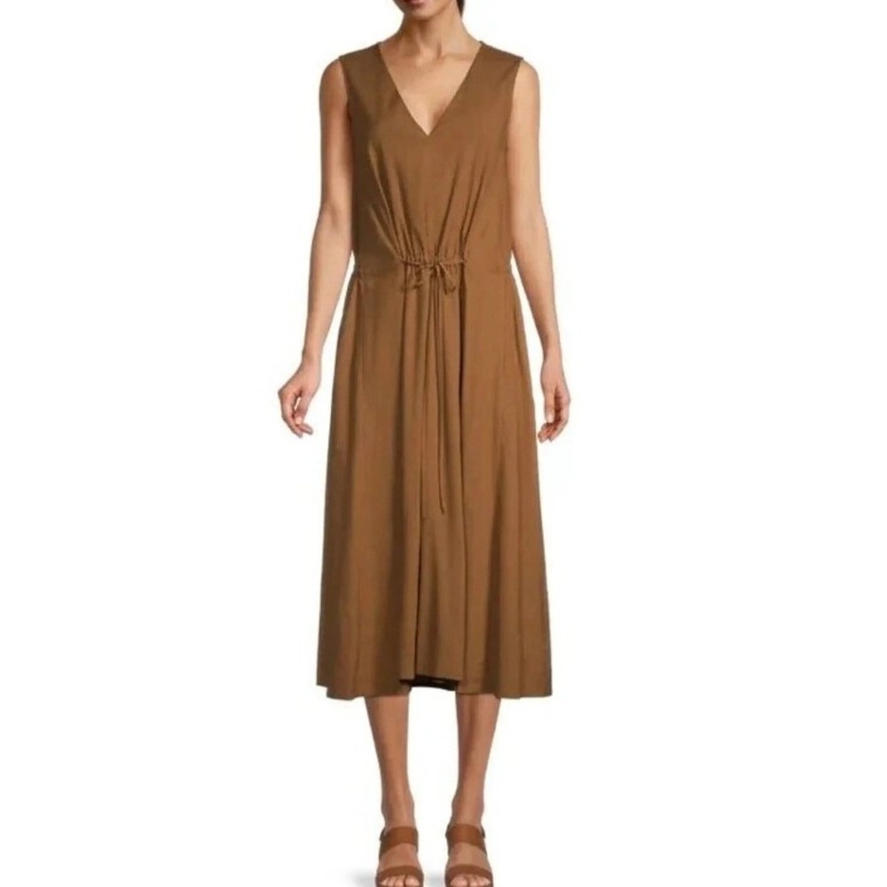 Vince Drawstring Waist V-Neck Midi Dress Brown XL